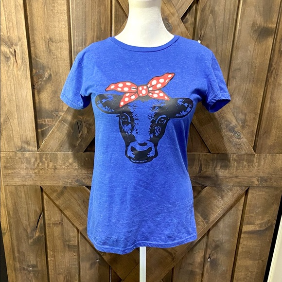 Instant Message Tops - Blue Highland Heifer Short Sleeve Tee Sz M